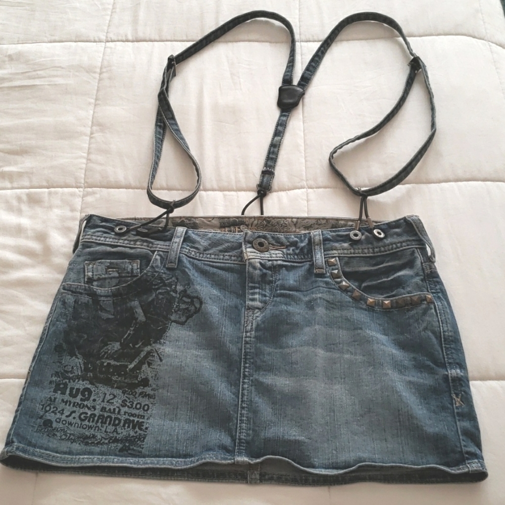 Guess Blue Denim Mini Skirt with Removable Suspenders